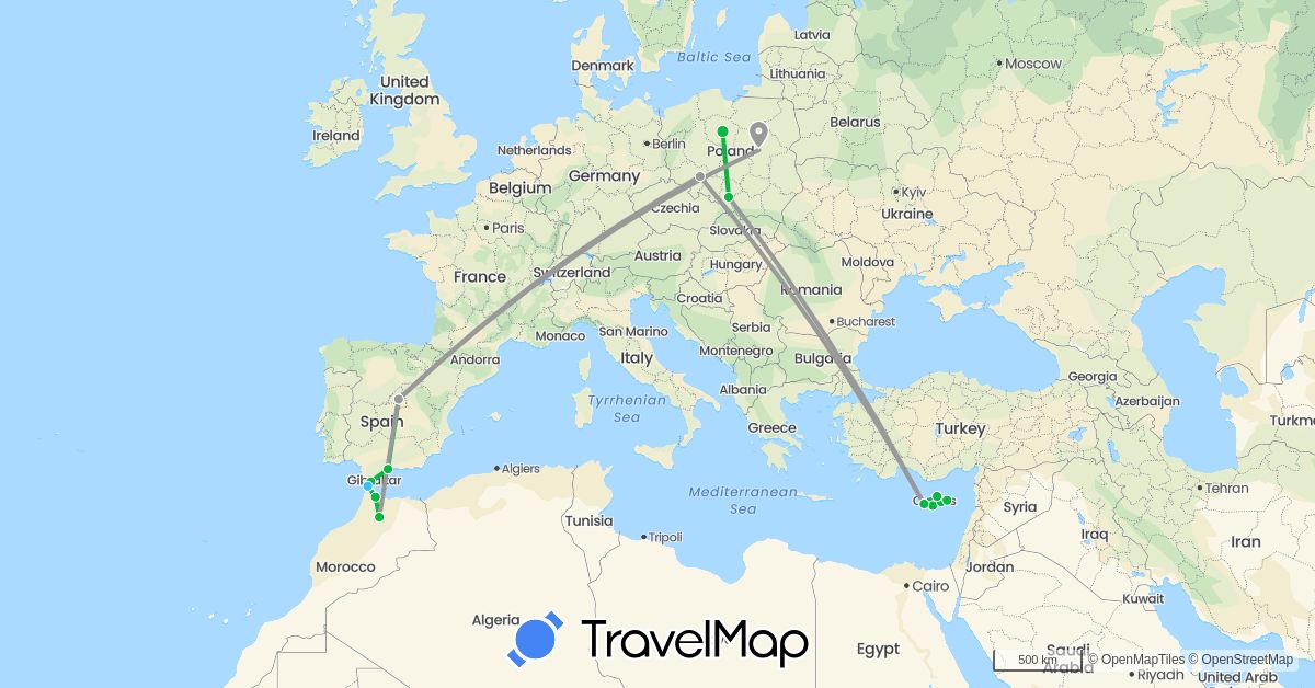 TravelMap itinerary: driving, bus, plane, boat in Cyprus, Spain, Morocco, Poland (Africa, Asia, Europe)